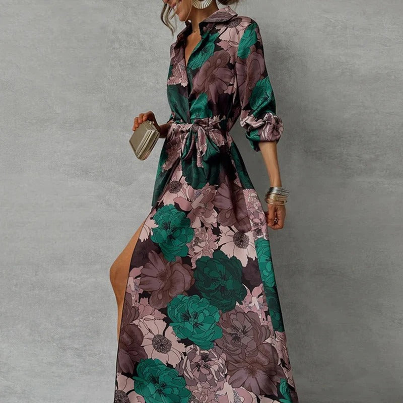 Women's Floral Maxi Dress with Collar and Front Tie Waist