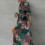 Women's Floral Maxi Dress with Collar and Front Tie Waist
