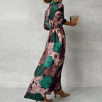 Women's Floral Maxi Dress with Collar and Front Tie Waist
