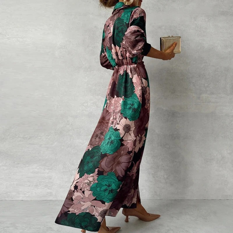 Women's Floral Maxi Dress with Collar and Front Tie Waist