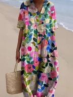 Women's Short Sleeve Floral Midi Dress – Relaxed Fit