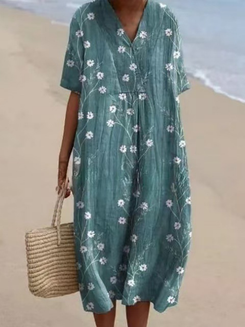 Women's Short Sleeve Floral Midi Dress – Relaxed Fit