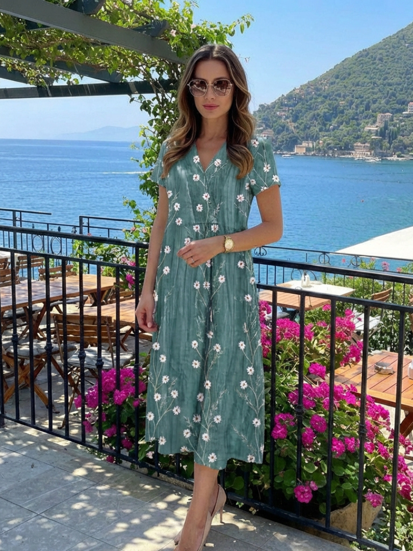 Women's Short Sleeve Floral Midi Dress – Relaxed Fit