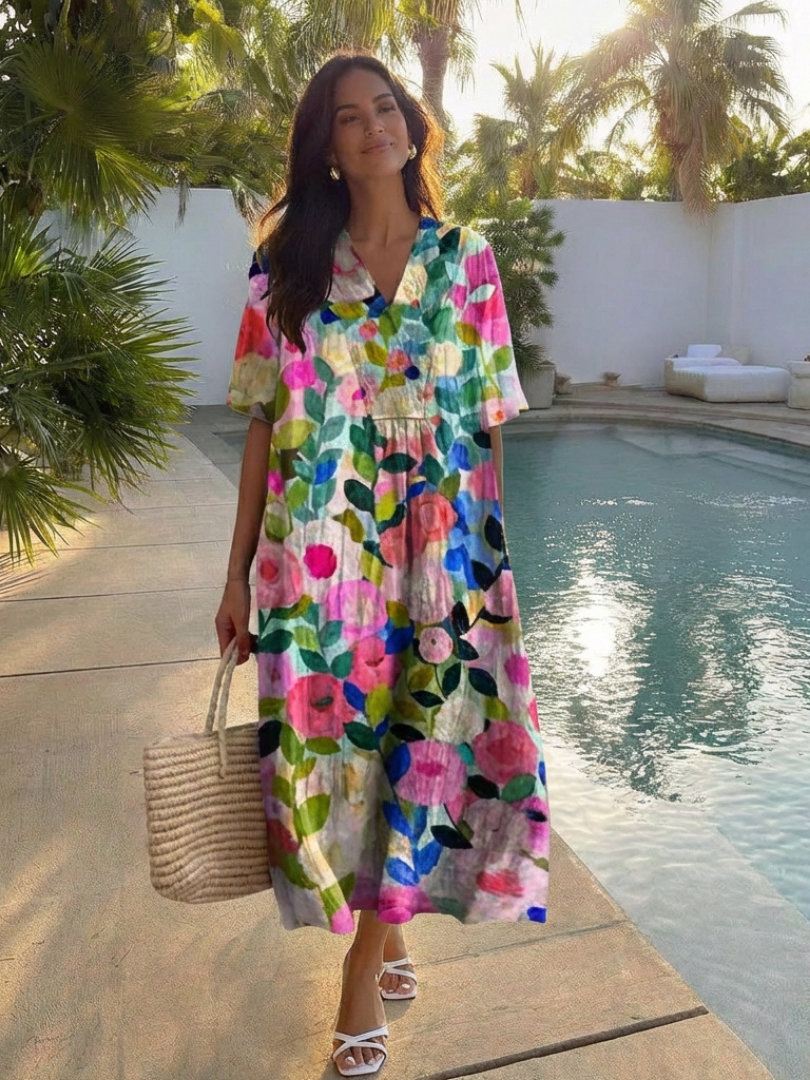 Women's Short Sleeve Floral Midi Dress – Relaxed Fit