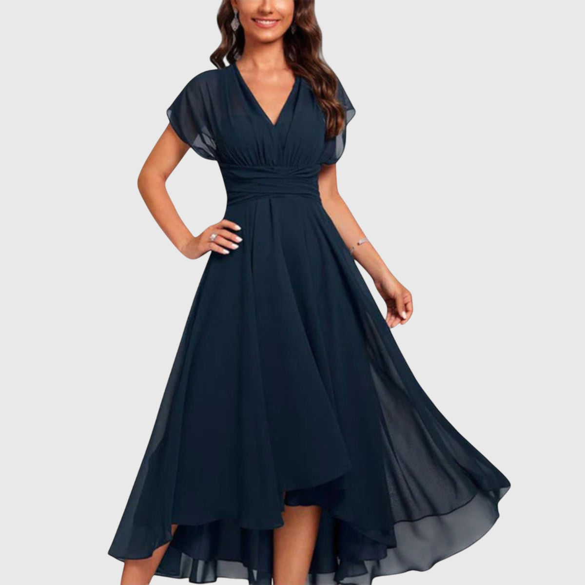 Women's V-Neck Wrap Midi Dress – Blue Short Sleeve