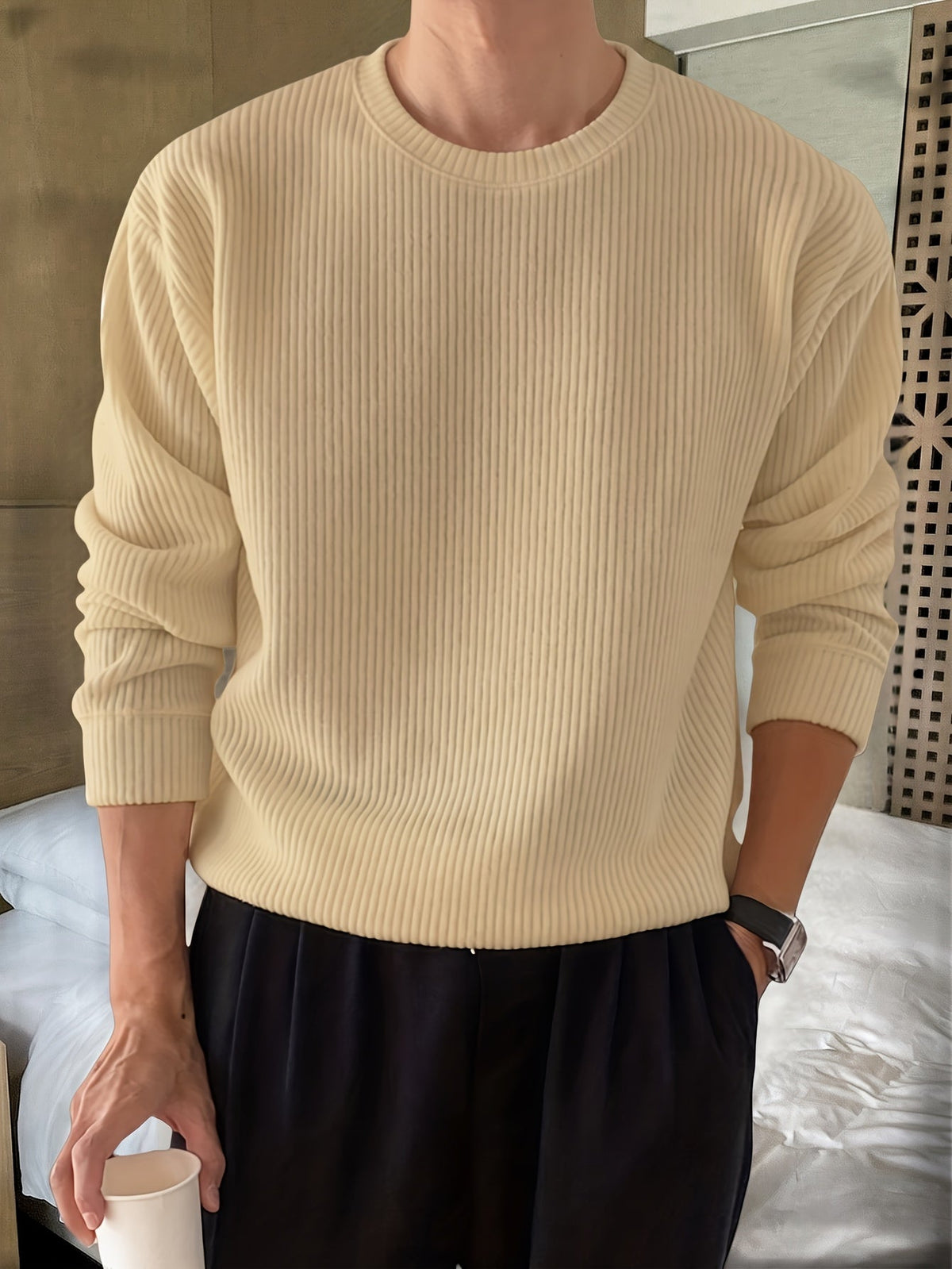 Men's Ribbed Crew-Neck Sweater - Loose Fit Knit Pullover