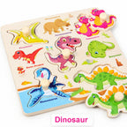Wooden hand-grip peg puzzle board, Dinosaur theme with T-Rex, triceratops, stegosaurus, pterosaur and mosasaurus pieces