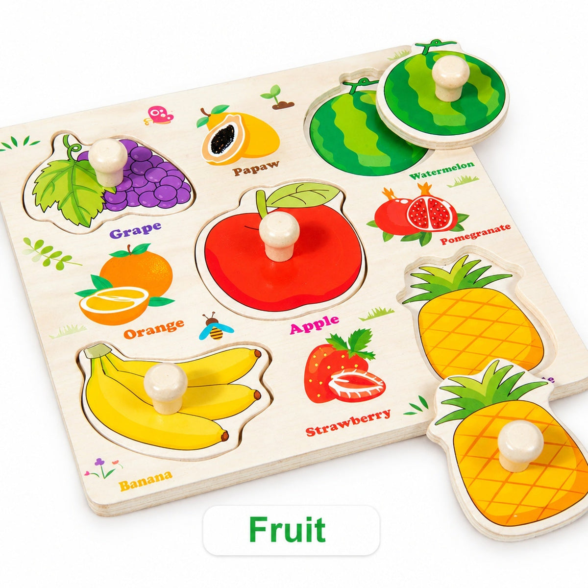 Wooden hand-grip peg puzzle board, Fruit theme with grape, apple, banana, watermelon and pineapple pieces