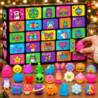 Main ouvrant une porte numérotée du calendrier de l'Avent pour révéler un jouet squishy surprise à l'intérieur