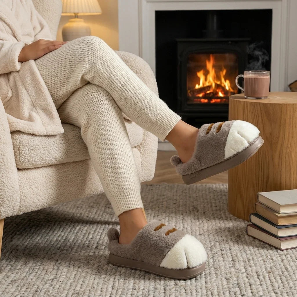 Ladies Slippers – Cat Paw Plush Design with Cushioned Sole