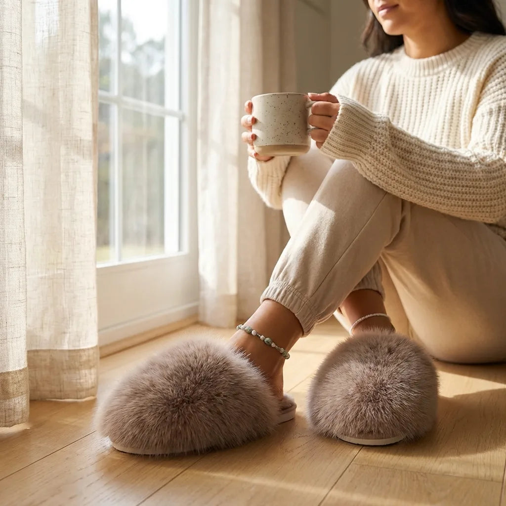 Ladies Slippers - Fluffy Faux Fur Plush Slippers with Non-Slip Sole