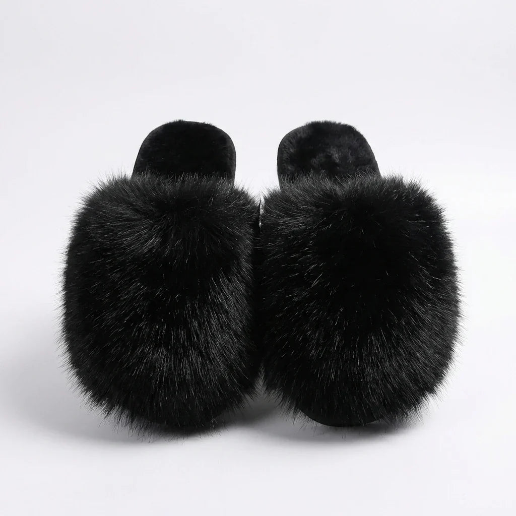 Ladies Slippers - Fluffy Faux Fur Plush Slippers with Non-Slip Sole