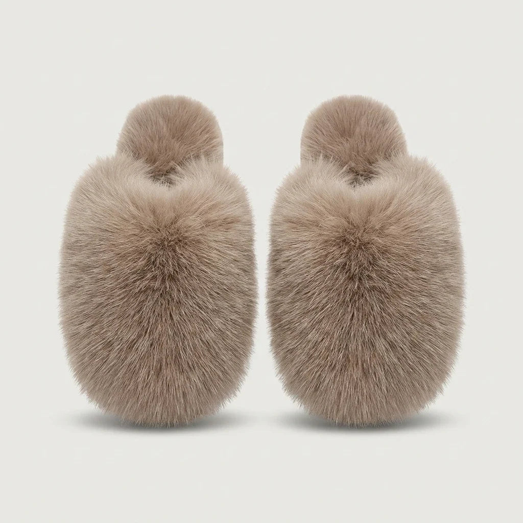 Ladies Slippers - Fluffy Faux Fur Plush Slippers with Non-Slip Sole