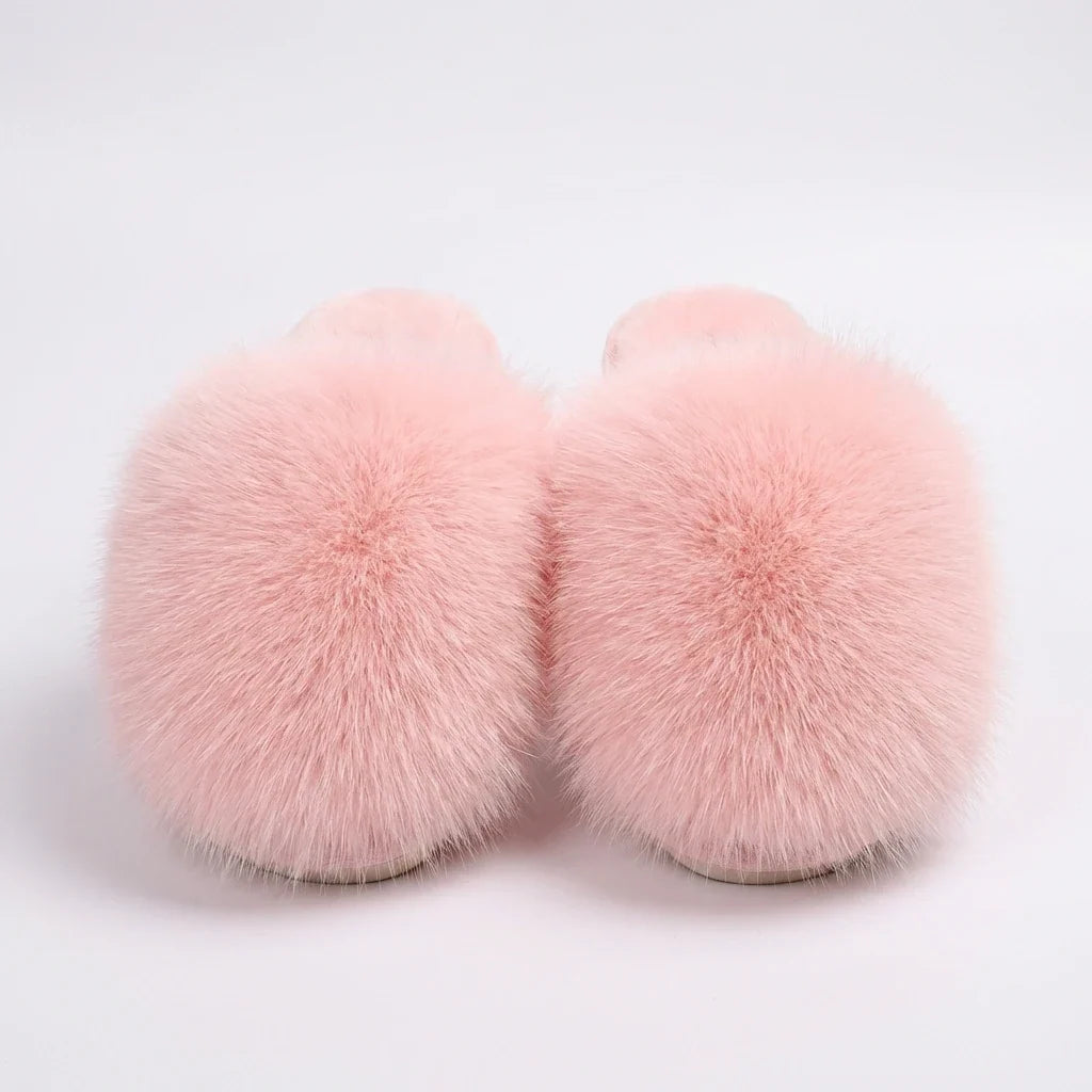 Ladies Slippers - Fluffy Faux Fur Plush Slippers with Non-Slip Sole