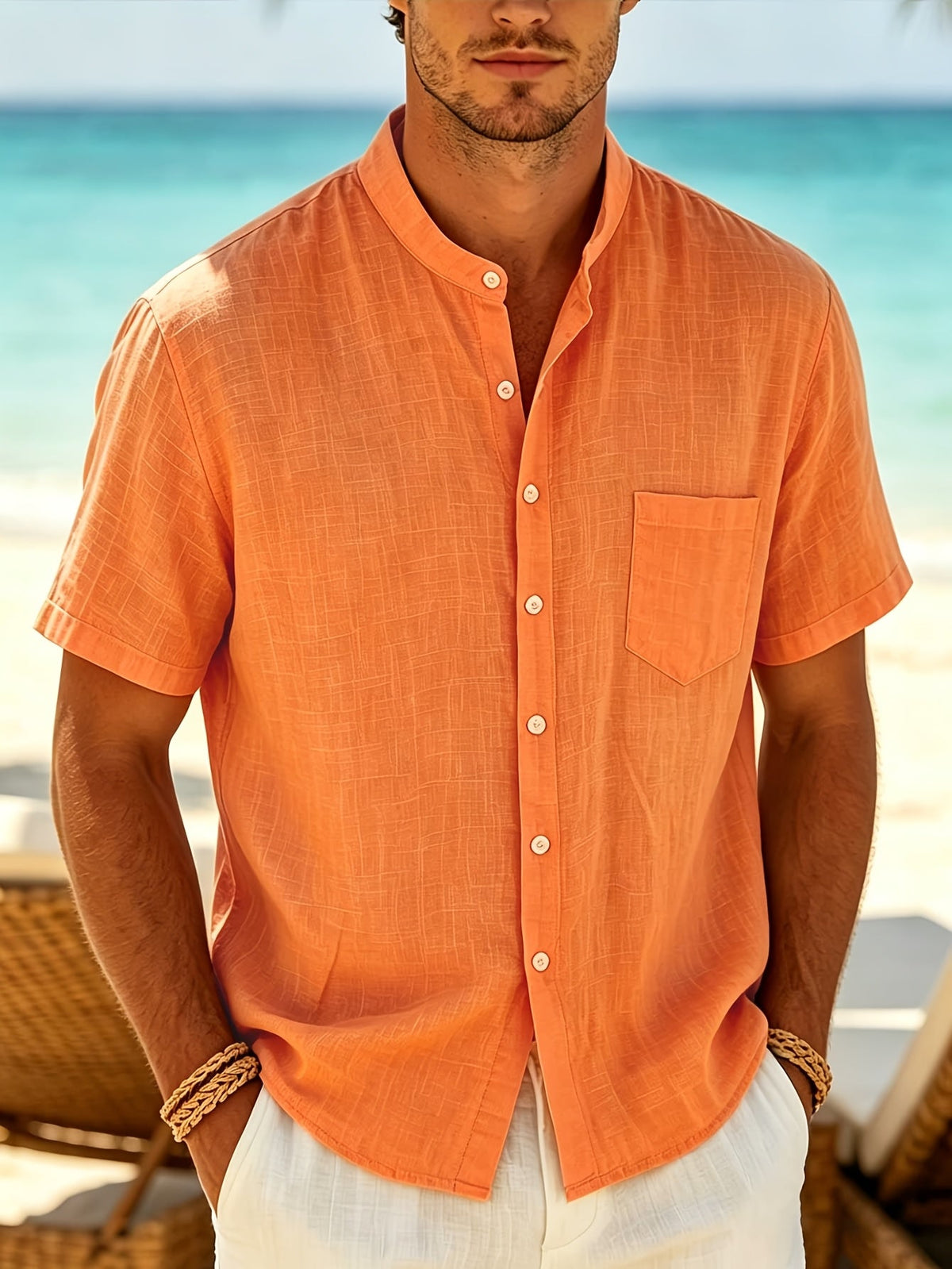 Men's Linen Shirt with Stand Collar, Short Sleeves and Chest Pocket