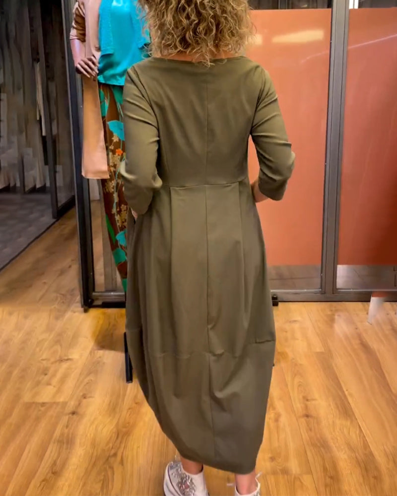 Women's Round Neck Dress with 3/4 Sleeves - Tailored Fit