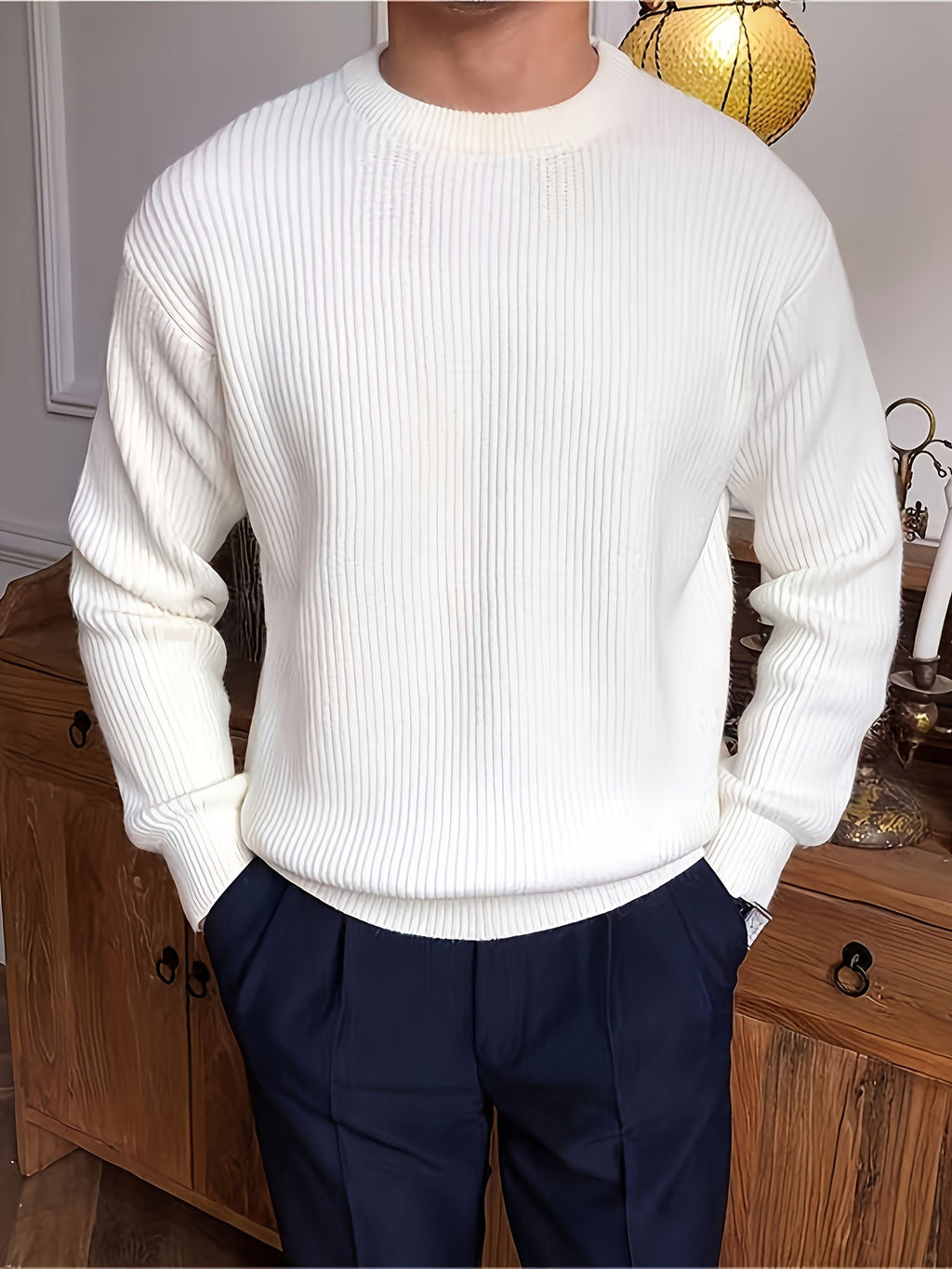 Men's Ribbed Crew-Neck Sweater - Loose Fit Knit Pullover