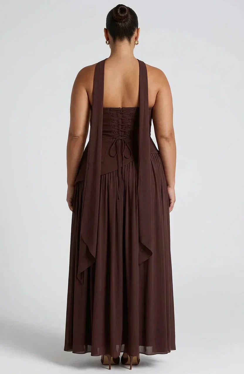 Women's Maxi Dress - Strapless Colorblock Style with High Side Slit