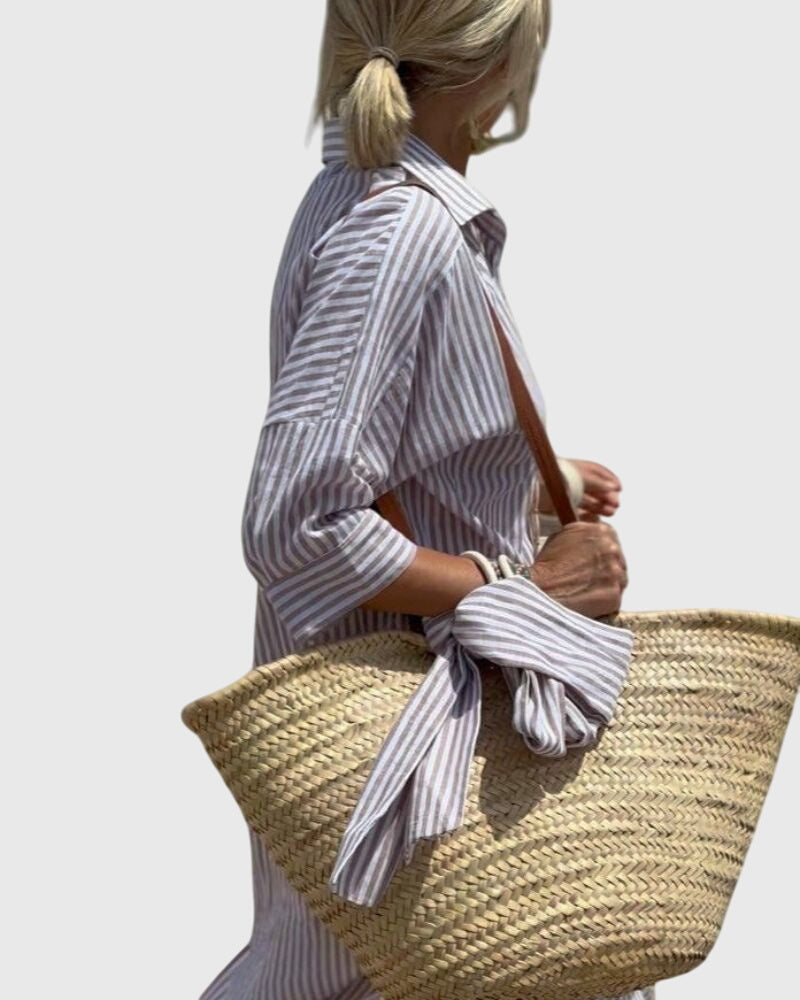 Women's Striped Midi Dress with Relaxed Fit and Side Pocket