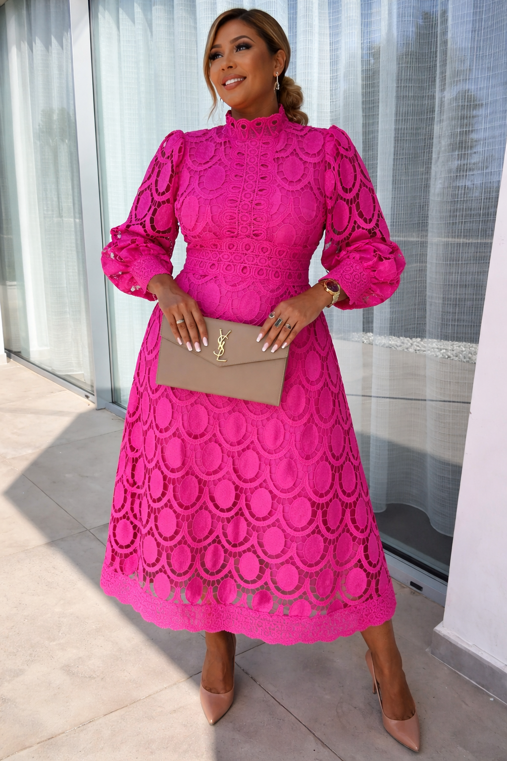 Women's Lace Dress - Fitted Cocktail Dress with Maxi Length