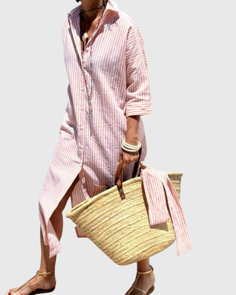 Women's Striped Midi Dress with Relaxed Fit and Side Pocket