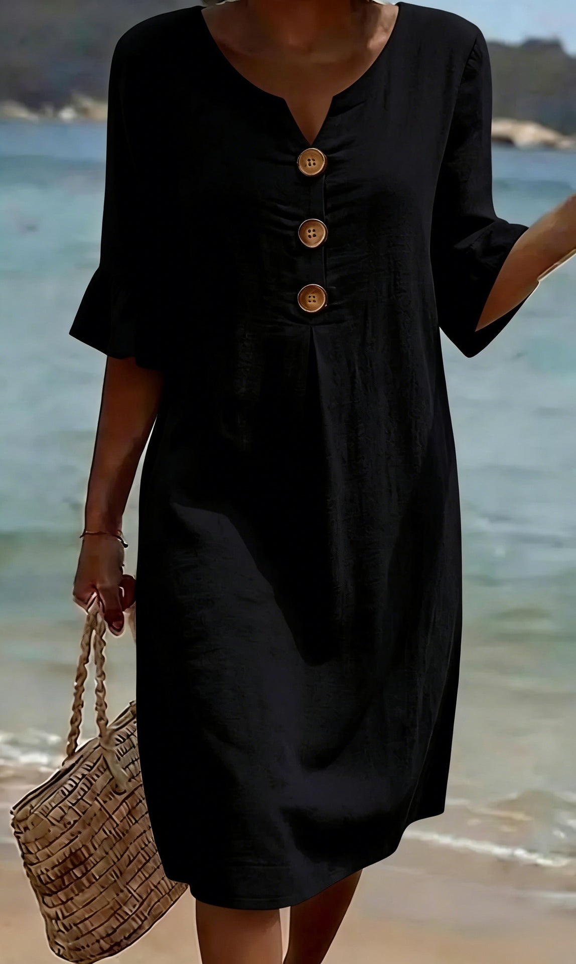 Women's Loose Fit Button-Front Dress with Flowing Sleeves