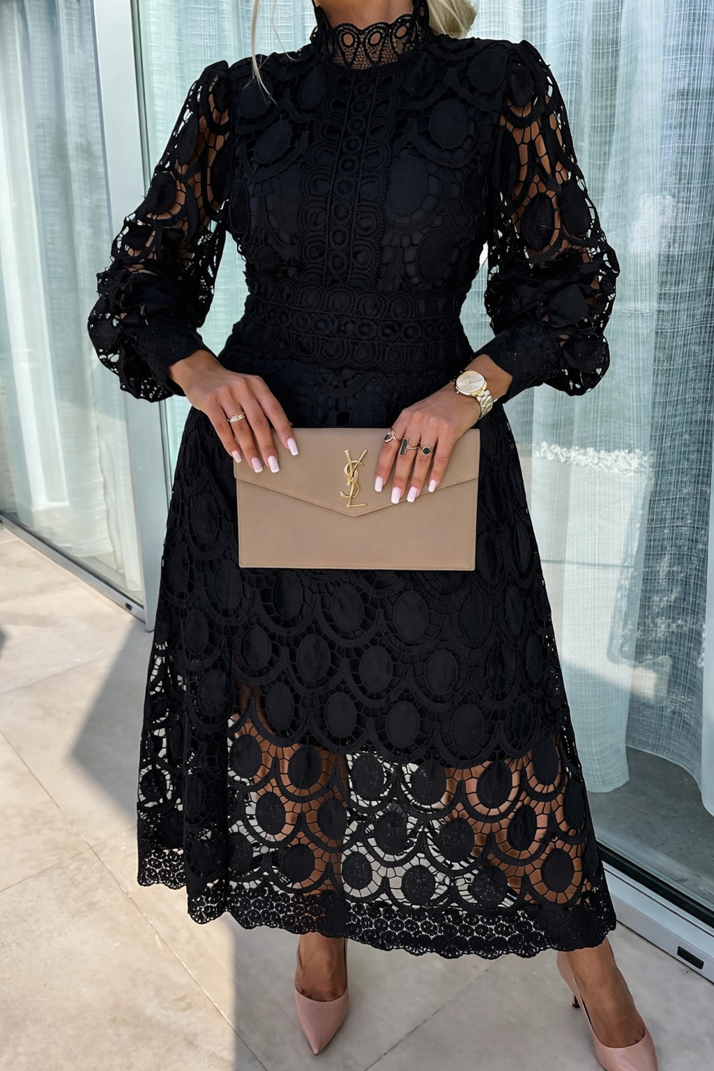 Women's Lace Dress - Fitted Cocktail Dress with Maxi Length