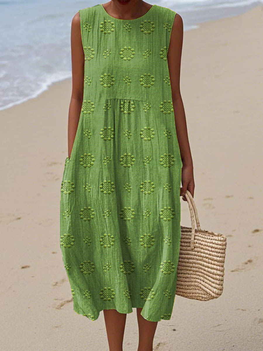 Women's Sleeveless Midi Dress with Pattern Print