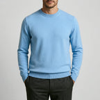 Fall sweater — Light blue cashmere crewneck long sleeves, front view. Perfect — 2 — view 2