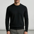 Fall sweater — Black lightweight cashmere crewneck long sleeves, shown on a person — view 7 — view 7