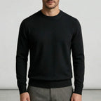 Fall sweater — Black lightweight cashmere crewneck long sleeves, shown on a person — view 7 — view 7