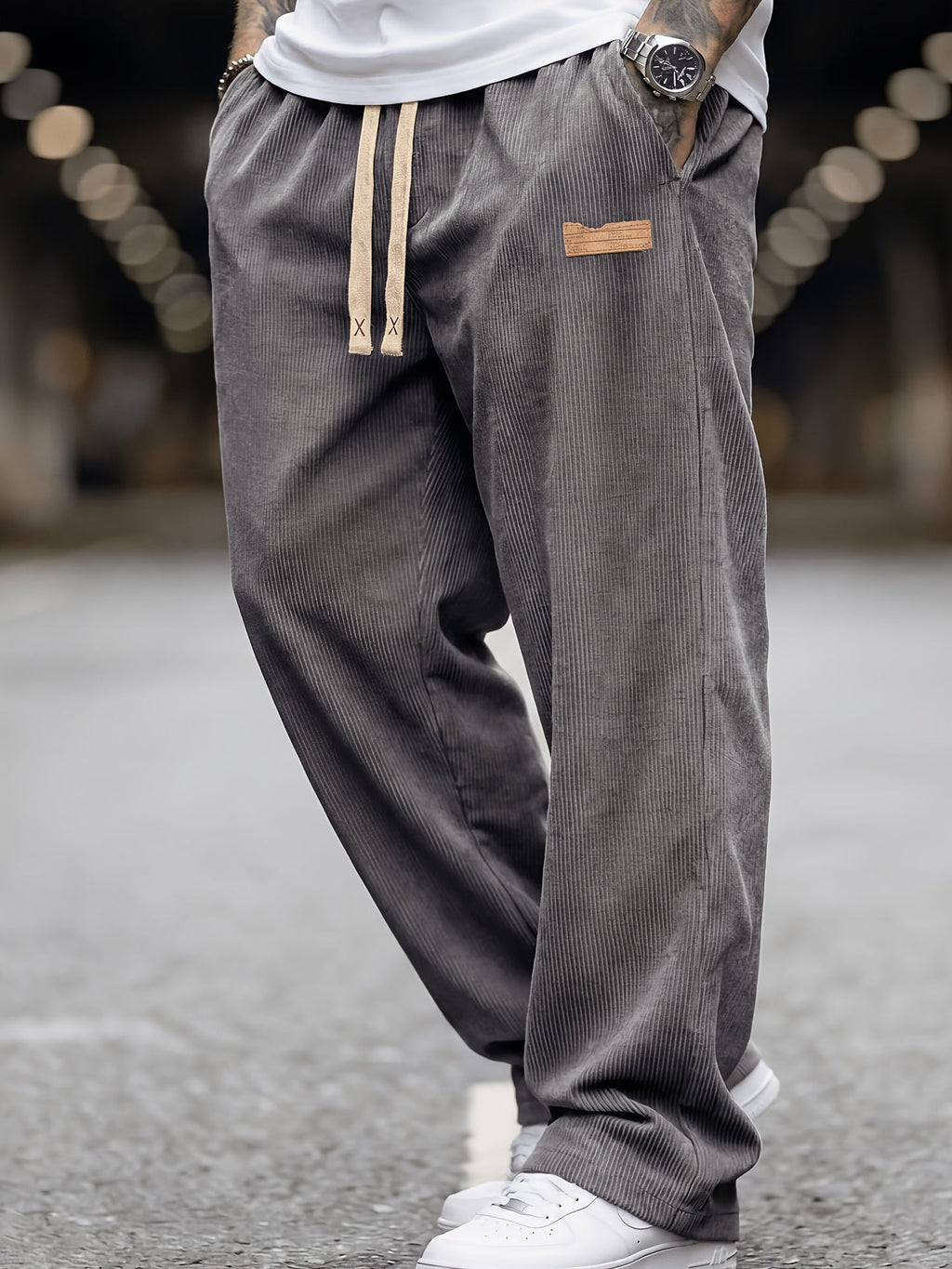 Men's Wide Leg Corduroy Trousers with Elastic Waist and Pockets