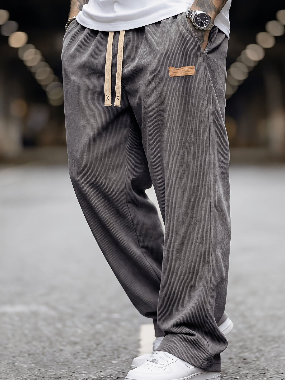 Men's Wide Leg Corduroy Trousers with Elastic Waist and Pockets