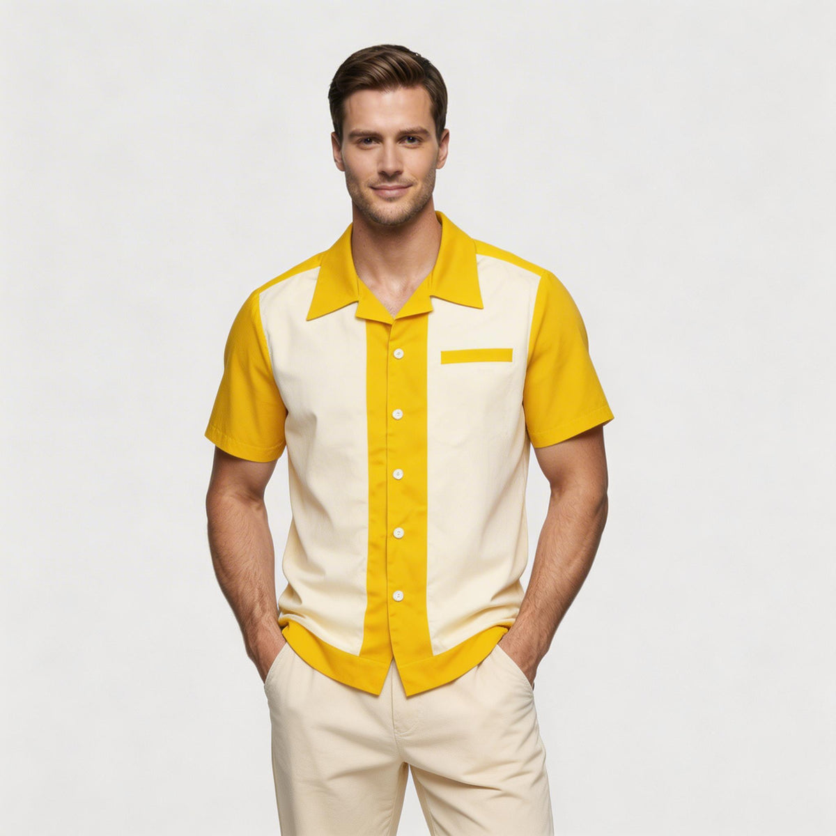 Men's Short Sleeve Shirt with Camp Collar - Button-Up Fitted Style