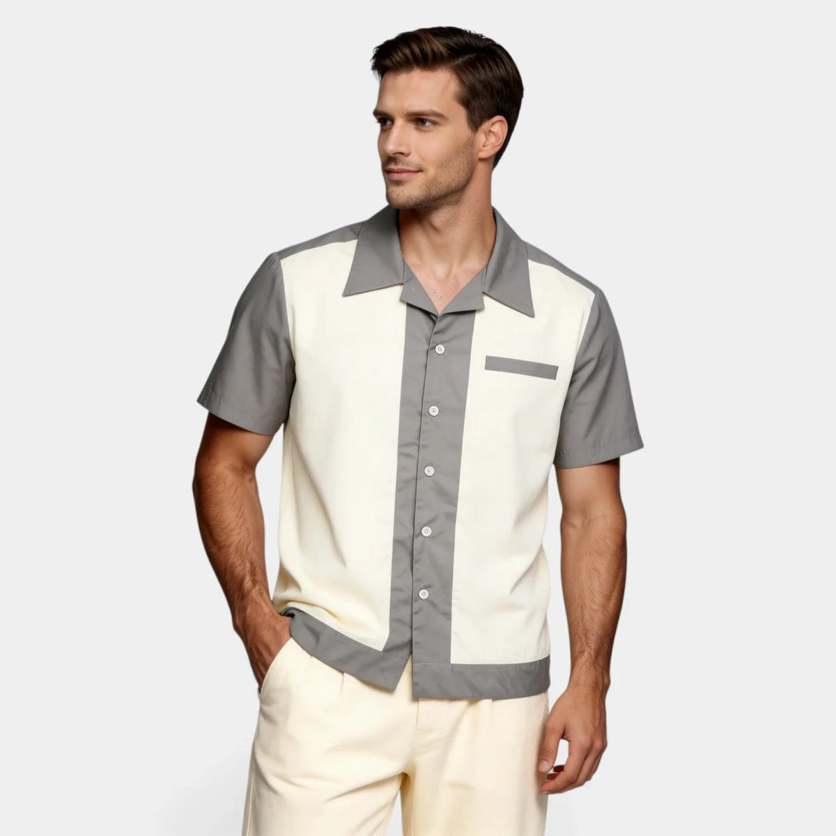Men's Short Sleeve Shirt with Camp Collar - Button-Up Fitted Style