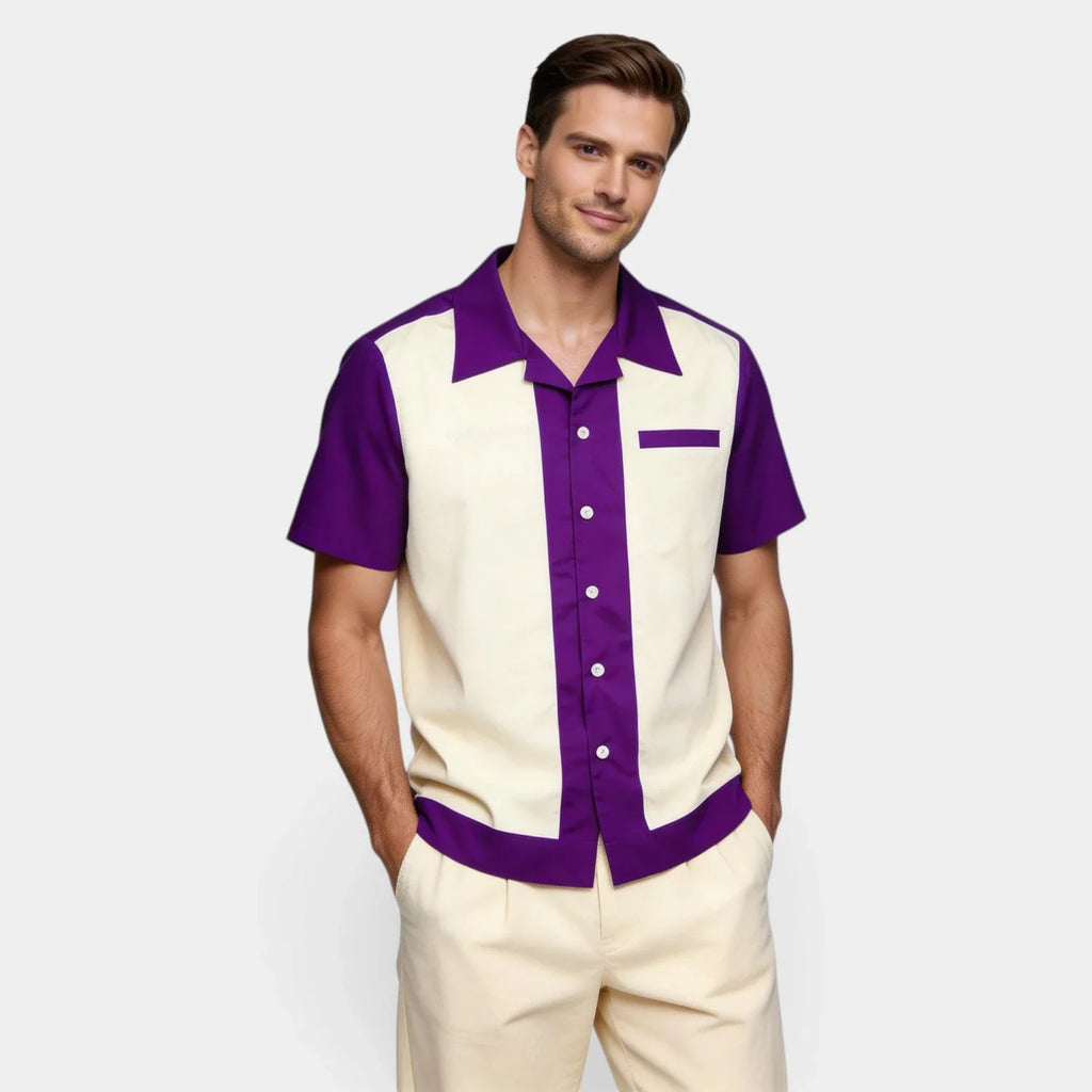 Men's Short Sleeve Shirt with Camp Collar - Button-Up Fitted Style