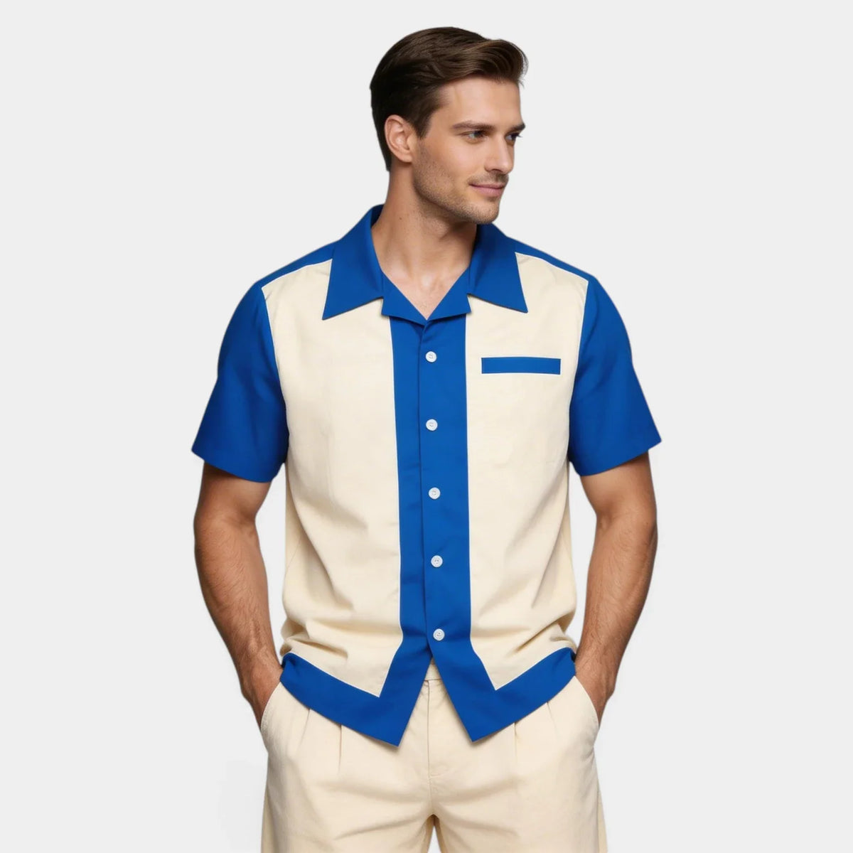 Men's Short Sleeve Shirt with Camp Collar - Button-Up Fitted Style