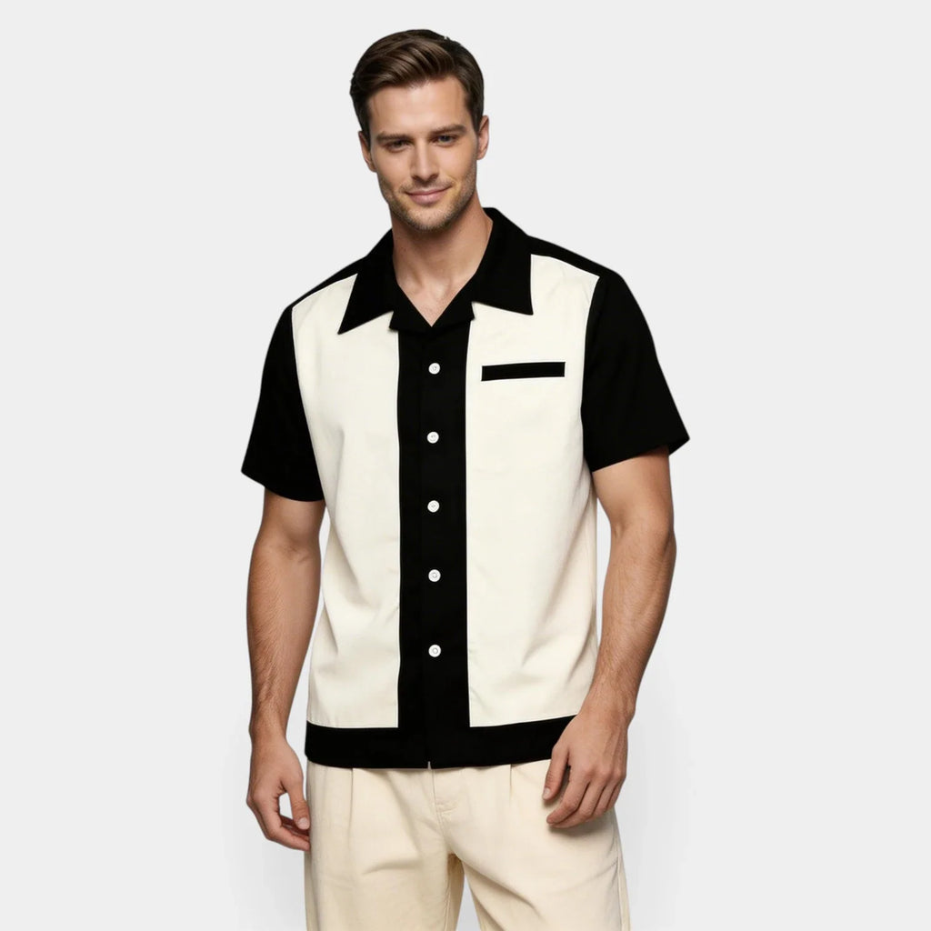 Men's Short Sleeve Shirt with Camp Collar - Button-Up Fitted Style
