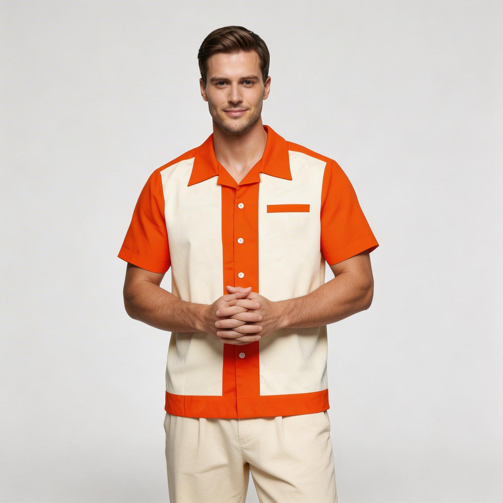 Men's Short Sleeve Shirt with Camp Collar - Button-Up Fitted Style