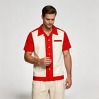 Men's Short Sleeve Shirt with Camp Collar - Button-Up Fitted Style