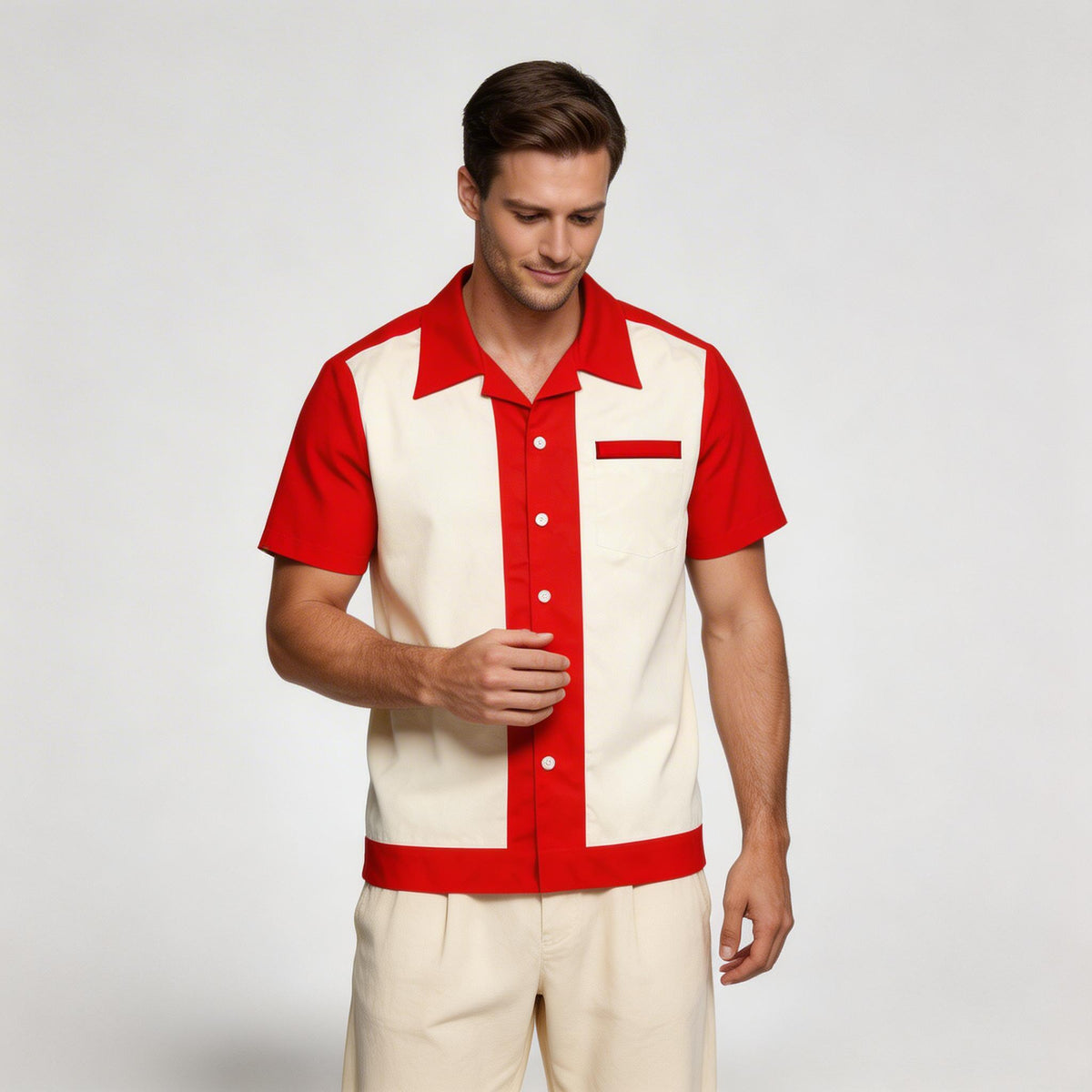 Men's Short Sleeve Shirt with Camp Collar - Button-Up Fitted Style