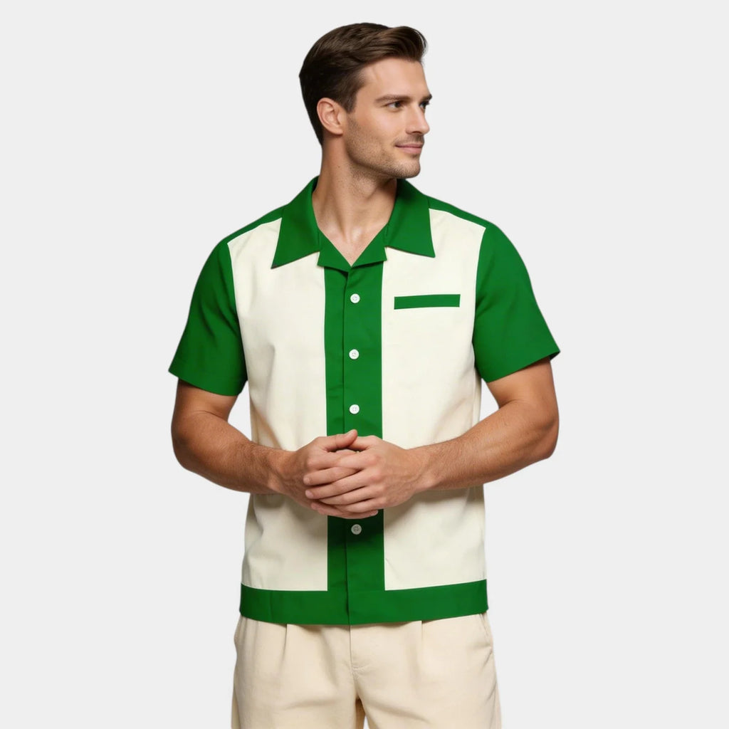 Men's Short Sleeve Shirt with Camp Collar - Button-Up Fitted Style