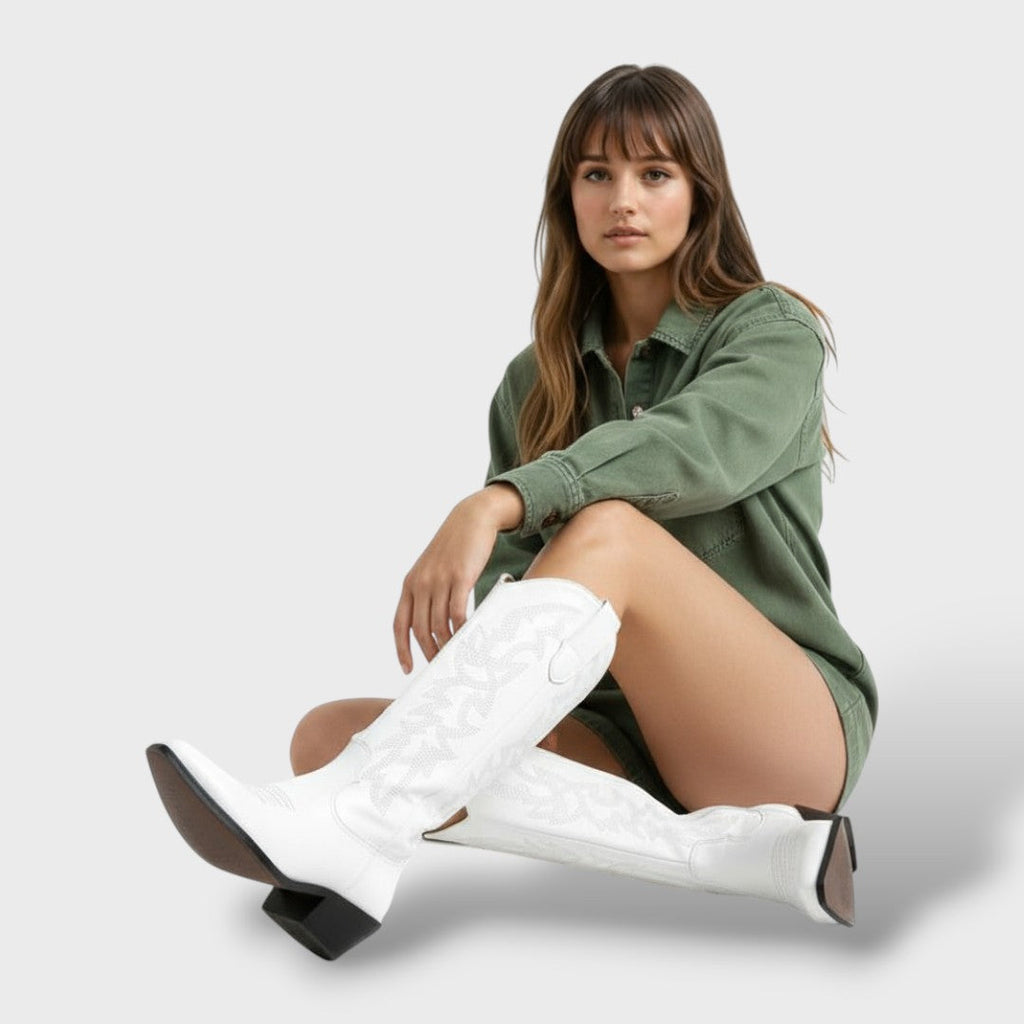 Women's Knee High Boots Western Style with Embroidered Detail