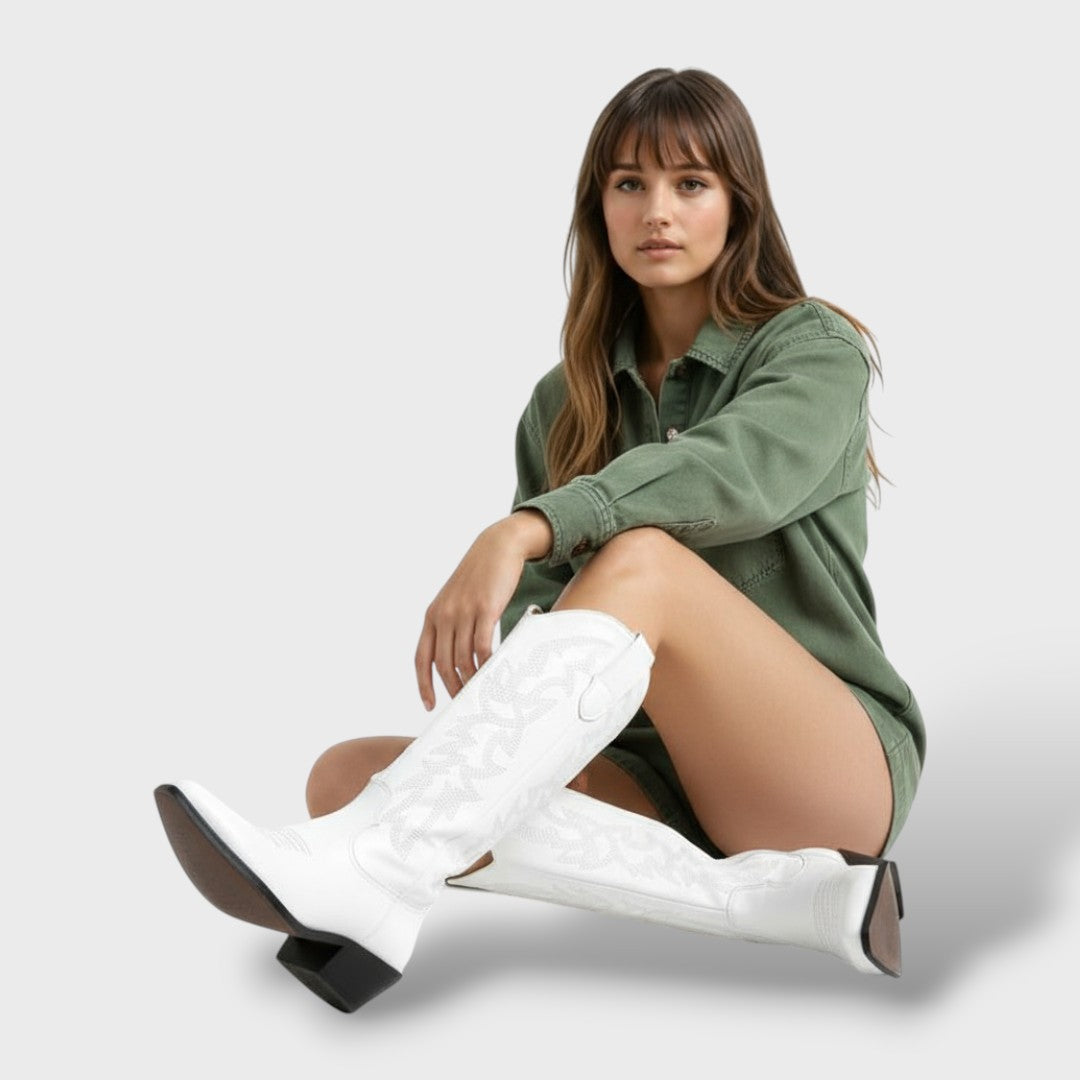 Women's Knee High Boots Western Style with Embroidered Detail