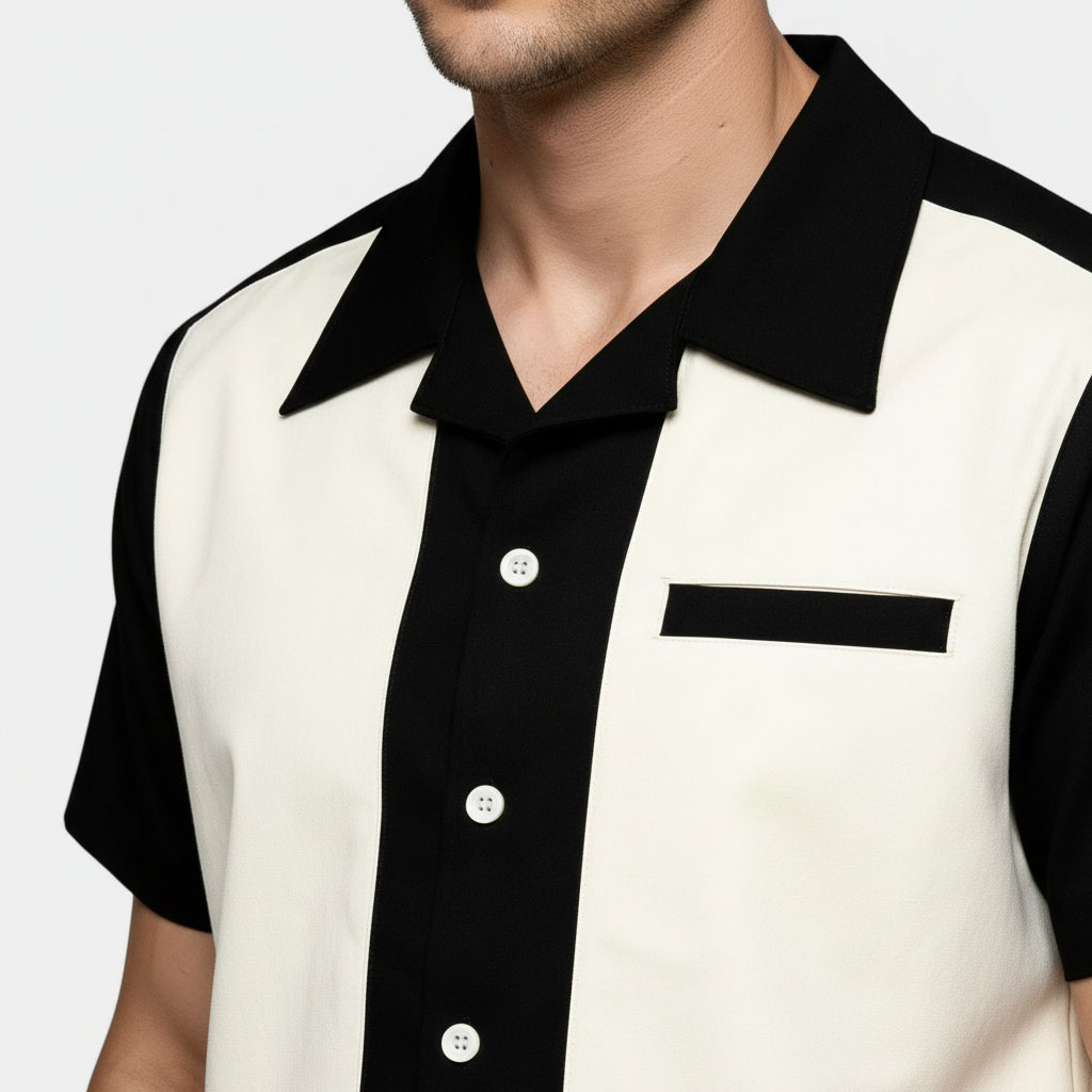Men's Short Sleeve Shirt with Camp Collar - Button-Up Fitted Style