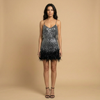 Women's Fringe Cocktail Dress with Feather Trim Hem