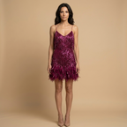 Women's Fringe Cocktail Dress with Feather Trim Hem