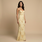 Women's Maxi Dress with Floral Appliqué Corset Bodice and Mermaid Silhouette