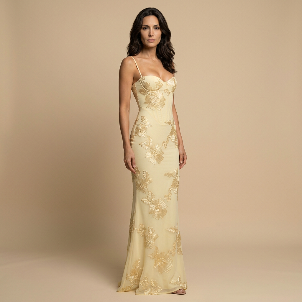 Women's Maxi Dress with Floral Appliqué Corset Bodice and Mermaid Silhouette