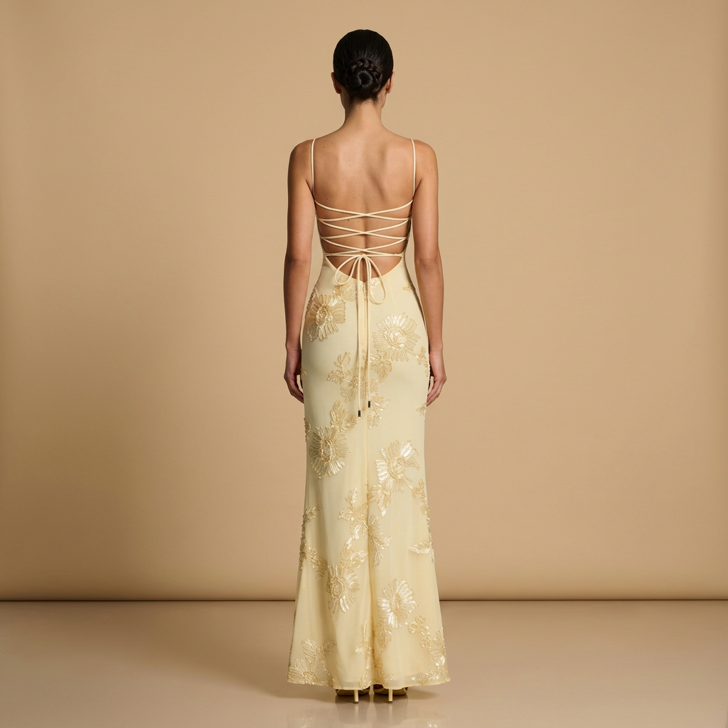 Women's Maxi Dress with Floral Appliqué Corset Bodice and Mermaid Silhouette